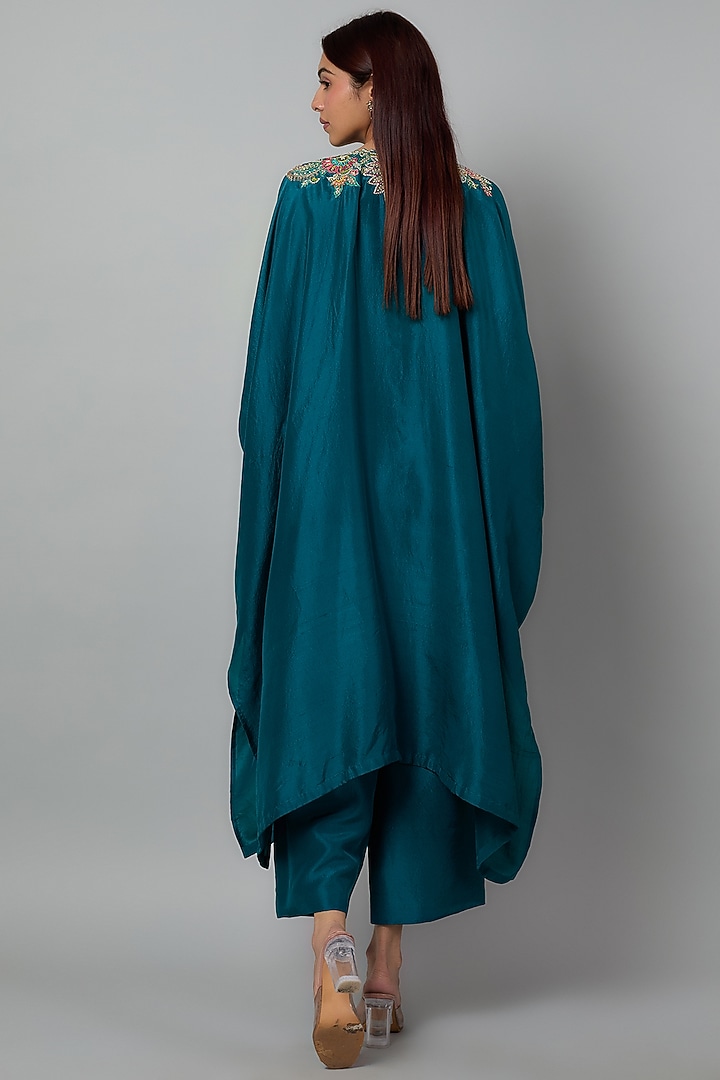 Dark Teal Pure Silk Zardosi Embroidered Cowl Kurta Set by Mrunalini Rao at Pernia's Pop Up Shop