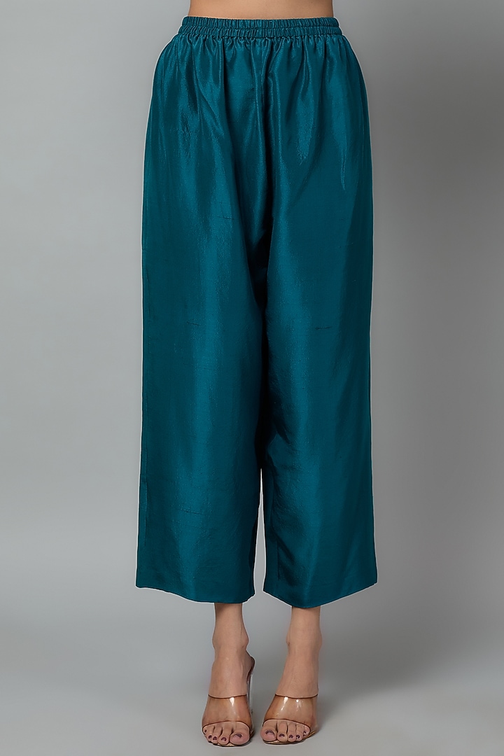 Dark Teal Pure Silk Zardosi Embroidered Cowl Kurta Set by Mrunalini Rao at Pernia's Pop Up Shop