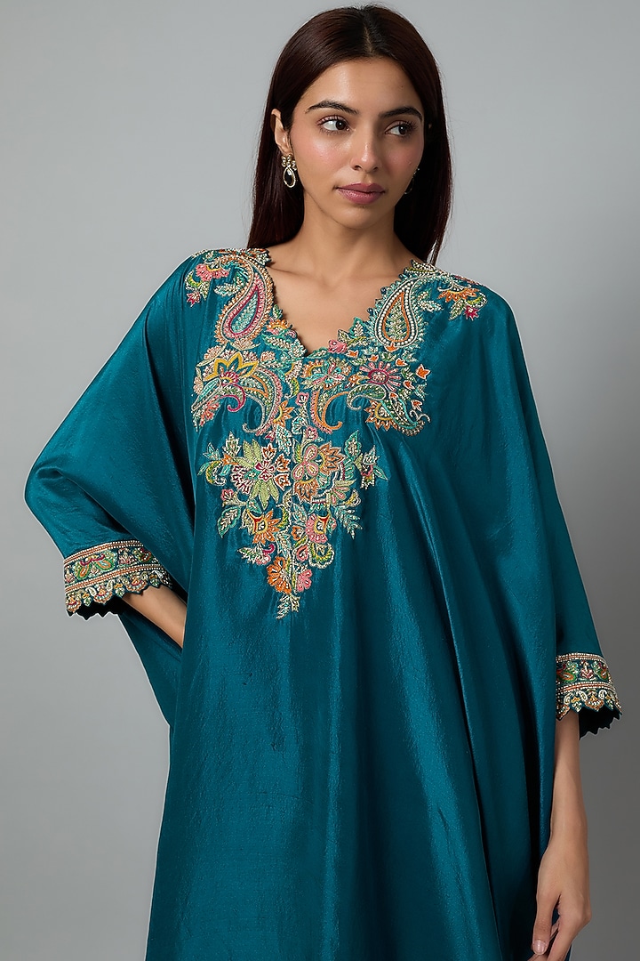 Dark Teal Pure Silk Zardosi Embroidered Cowl Kurta Set by Mrunalini Rao at Pernia's Pop Up Shop