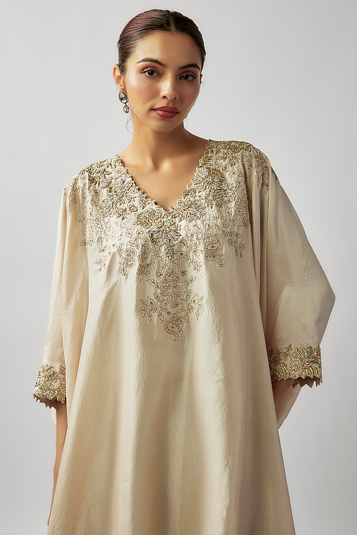 Ivory Pure Silk Zardosi Embroidered Cowl Kurta Set by Mrunalini Rao at Pernia's Pop Up Shop