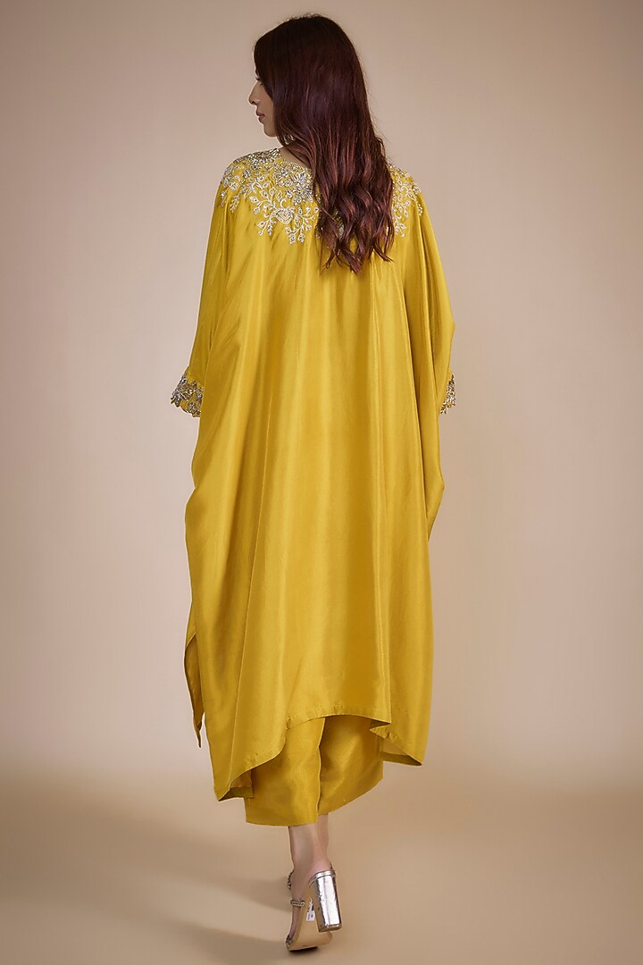 Mustard Silk Zardosi Embroidered Cowl Kurta Set by Mrunalini Rao at Pernia's Pop Up Shop