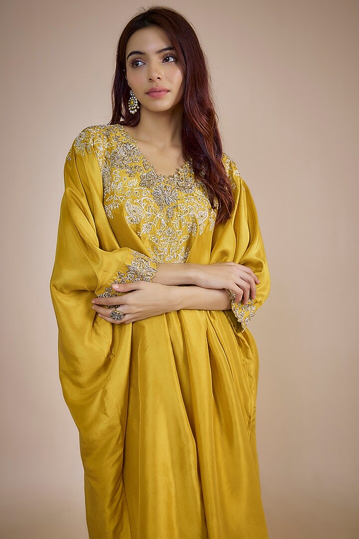 Mustard Silk Zardosi Embroidered Cowl Kurta Set by Mrunalini Rao at Pernia's Pop Up Shop