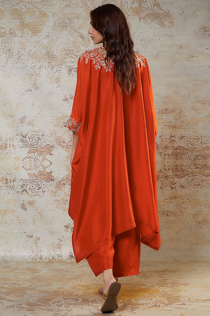 Orange Silk Zardosi Embroidered Cowl Kurta Set by Mrunalini Rao at Pernia's Pop Up Shop
