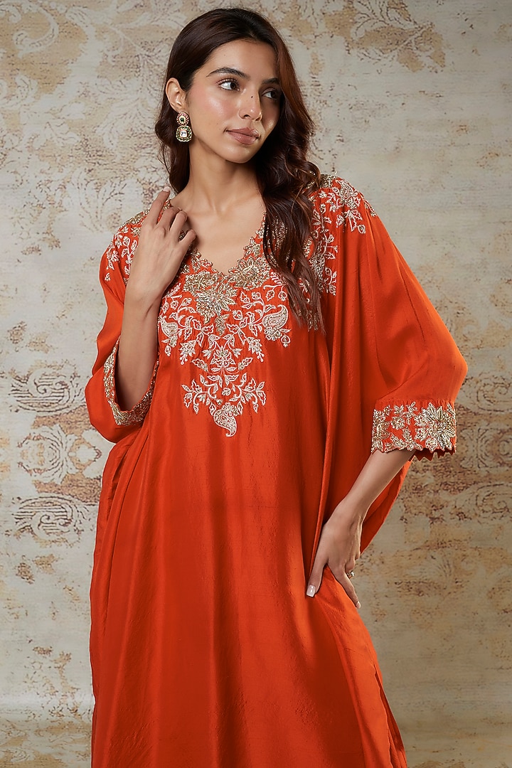Orange Silk Zardosi Embroidered Cowl Kurta Set by Mrunalini Rao at Pernia's Pop Up Shop