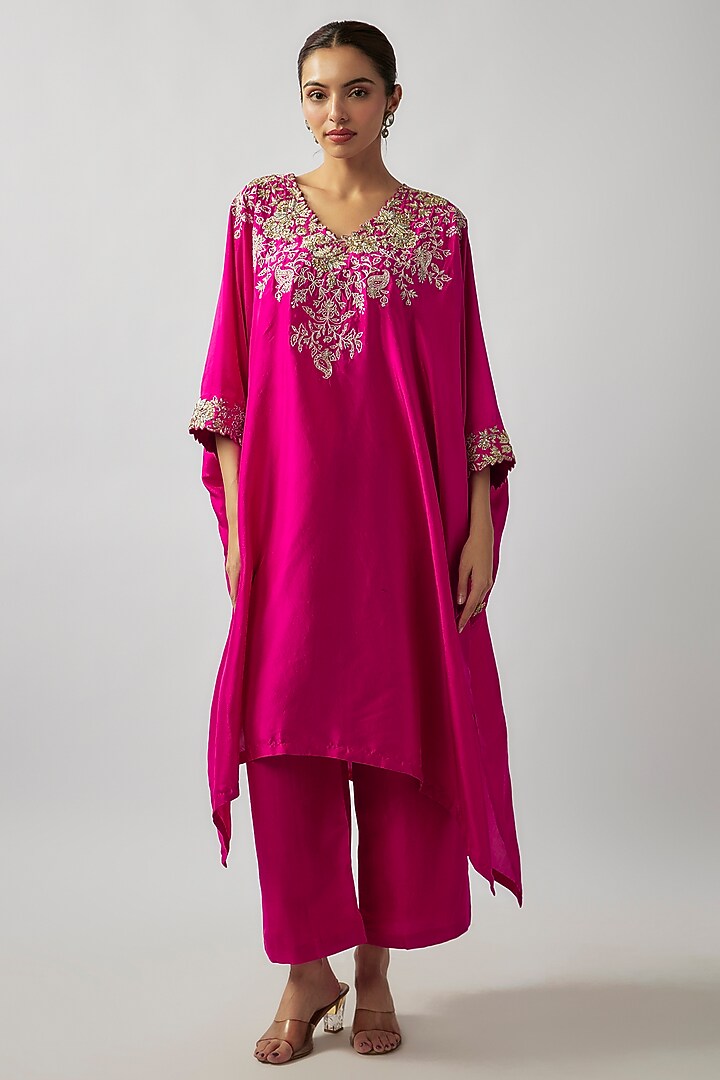 Fuchsia Pure Silk Zardosi Embroidered Cowl Kurta Set by Mrunalini Rao at Pernia's Pop Up Shop