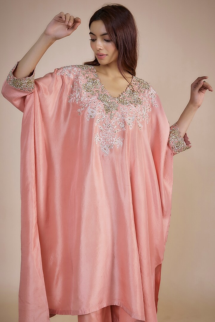 Peach Silk Zardosi Embroidered Cowl Kurta Set by Mrunalini Rao at Pernia's Pop Up Shop