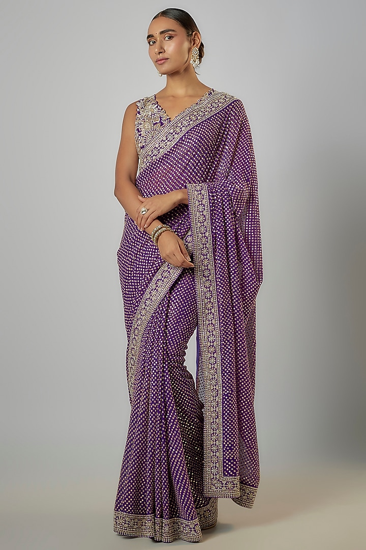 Purple Georgette Zardosi & Pearl Embroidered Handcrafted Bridal Saree Set by Mrunalini Rao at Pernia's Pop Up Shop