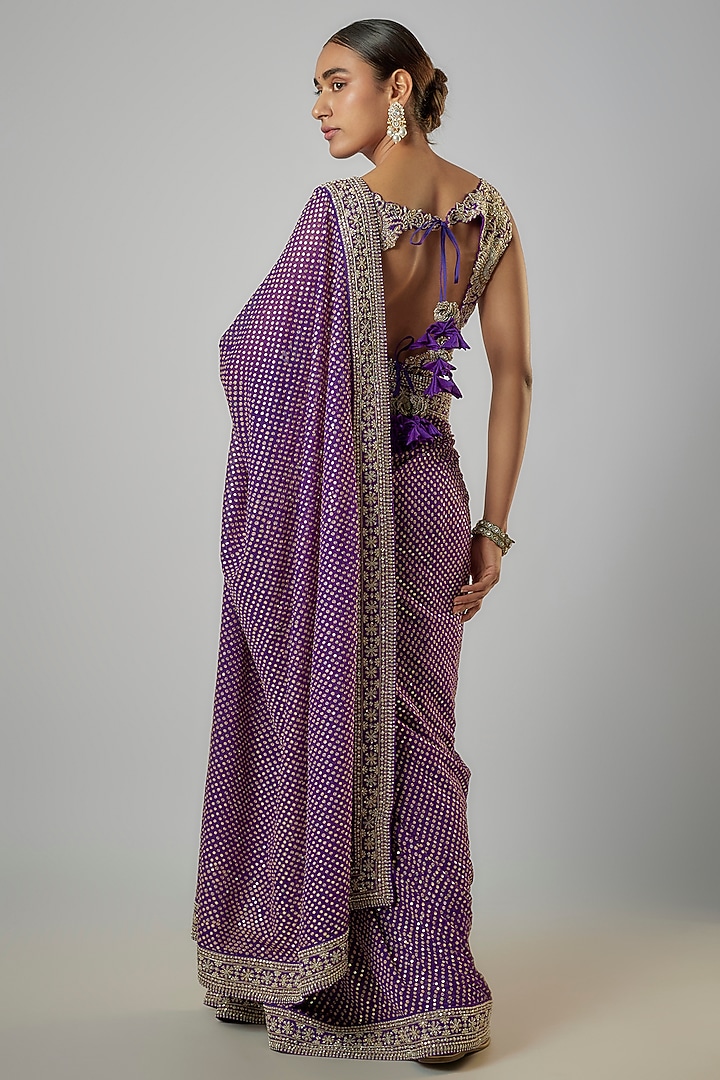 Purple Georgette Zardosi & Pearl Embroidered Handcrafted Bridal Saree Set by Mrunalini Rao at Pernia's Pop Up Shop