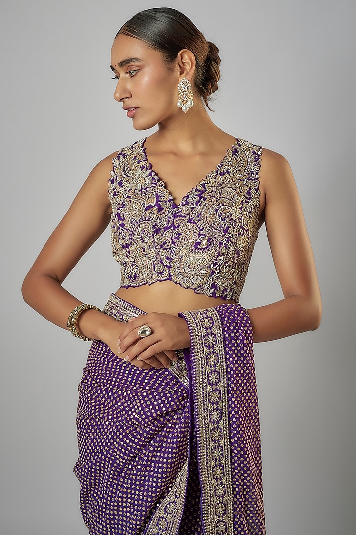 Purple Georgette Zardosi & Pearl Embroidered Handcrafted Bridal Saree Set by Mrunalini Rao at Pernia's Pop Up Shop