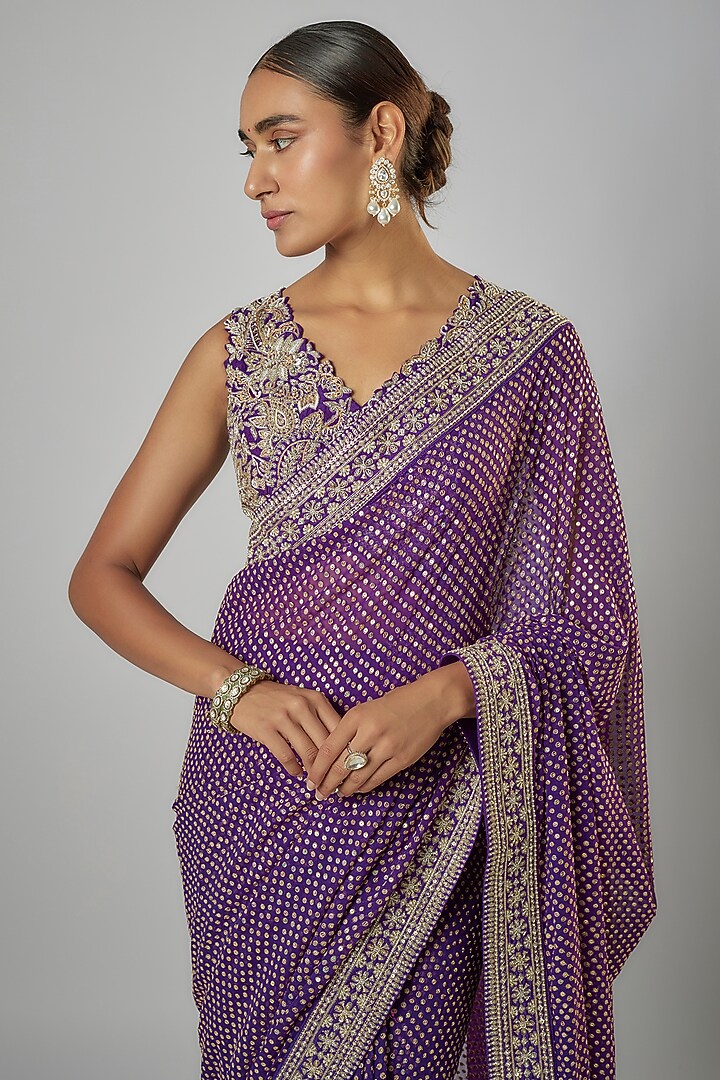 Purple Georgette Zardosi & Pearl Embroidered Handcrafted Bridal Saree Set by Mrunalini Rao at Pernia's Pop Up Shop