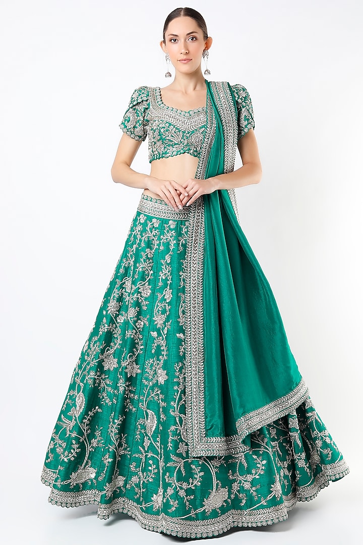 Teal Green Embroidered Bridal Lehenga Set by Mrunalini Rao at Pernia's Pop Up Shop
