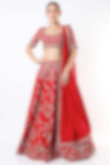 Cherry Red Embroidered Bridal Lehenga Set by Mrunalini Rao at Pernia's Pop Up Shop