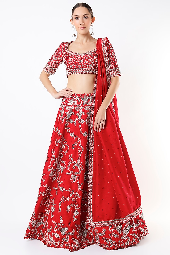 Cherry Red Embroidered Bridal Lehenga Set by Mrunalini Rao at Pernia's Pop Up Shop
