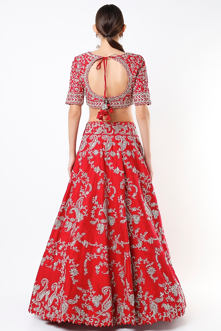 Cherry Red Embroidered Bridal Lehenga Set by Mrunalini Rao at Pernia's Pop Up Shop