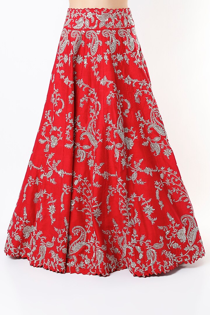 Cherry Red Embroidered Bridal Lehenga Set by Mrunalini Rao at Pernia's Pop Up Shop