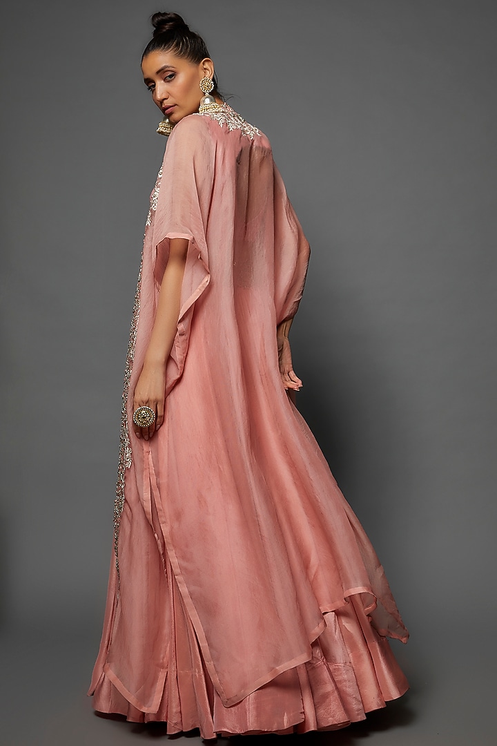 Peach Organza & Raw Silk Embroidered Cape Set by Mrunalini Rao at Pernia's Pop Up Shop