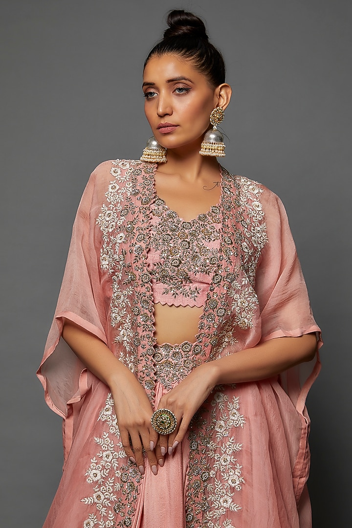Peach Organza & Raw Silk Embroidered Cape Set by Mrunalini Rao at Pernia's Pop Up Shop
