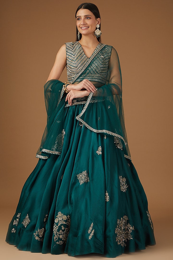 Blue Silk Embroidered Bridal Lehenga Set by Mrunalini Rao at Pernia's Pop Up Shop