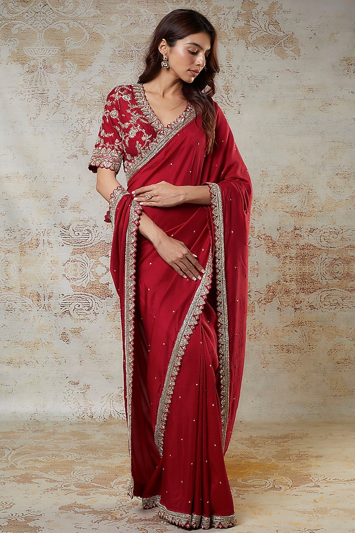 Red Silk Embroidered Saree Set by Mrunalini Rao