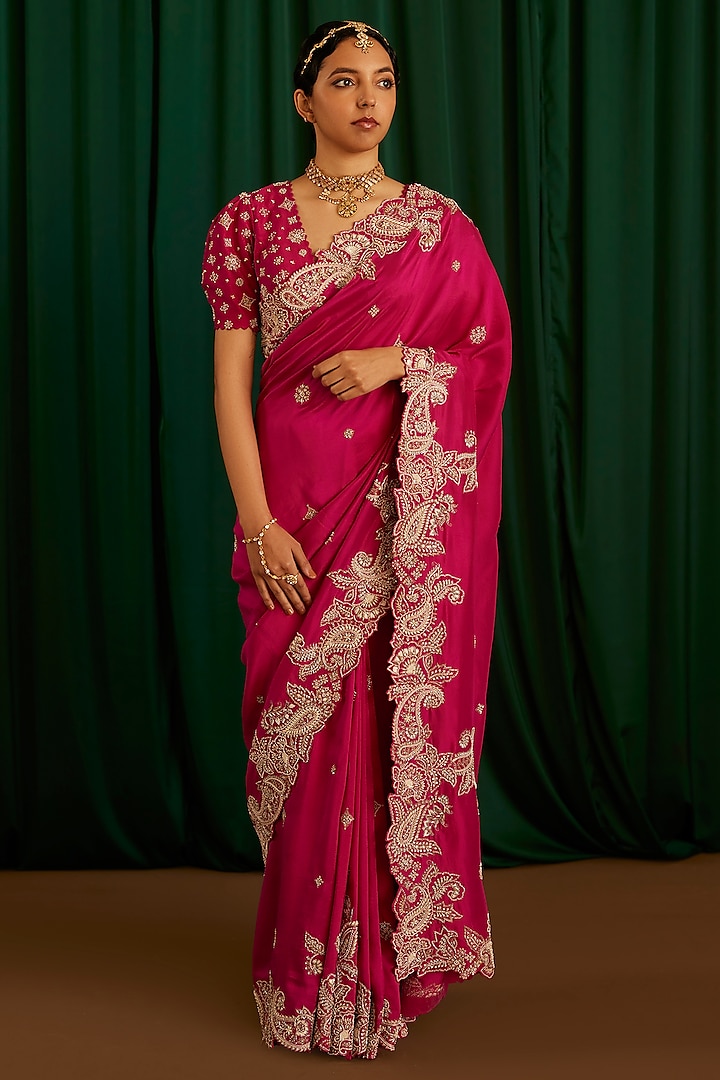 Fuchsia Pink Pure Silk Resham & Zardosi Hand Embroidered Saree Set by Mrunalini Rao