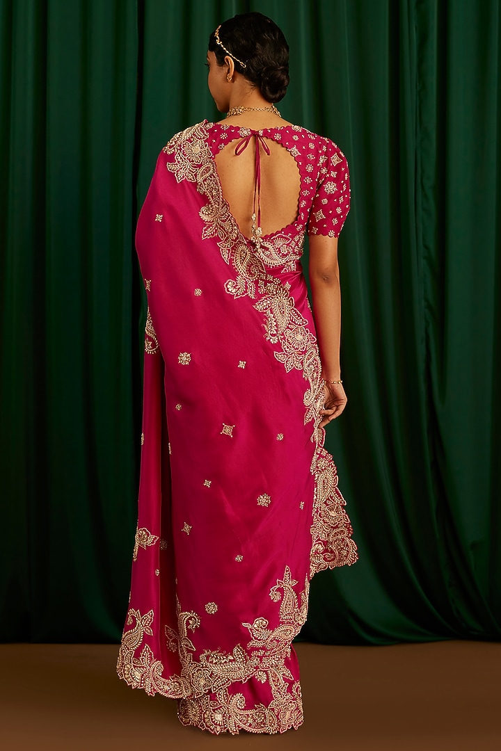 Fuchsia Pink Pure Silk Resham & Zardosi Hand Embroidered Bridal Saree Set by Mrunalini Rao at Pernia's Pop Up Shop