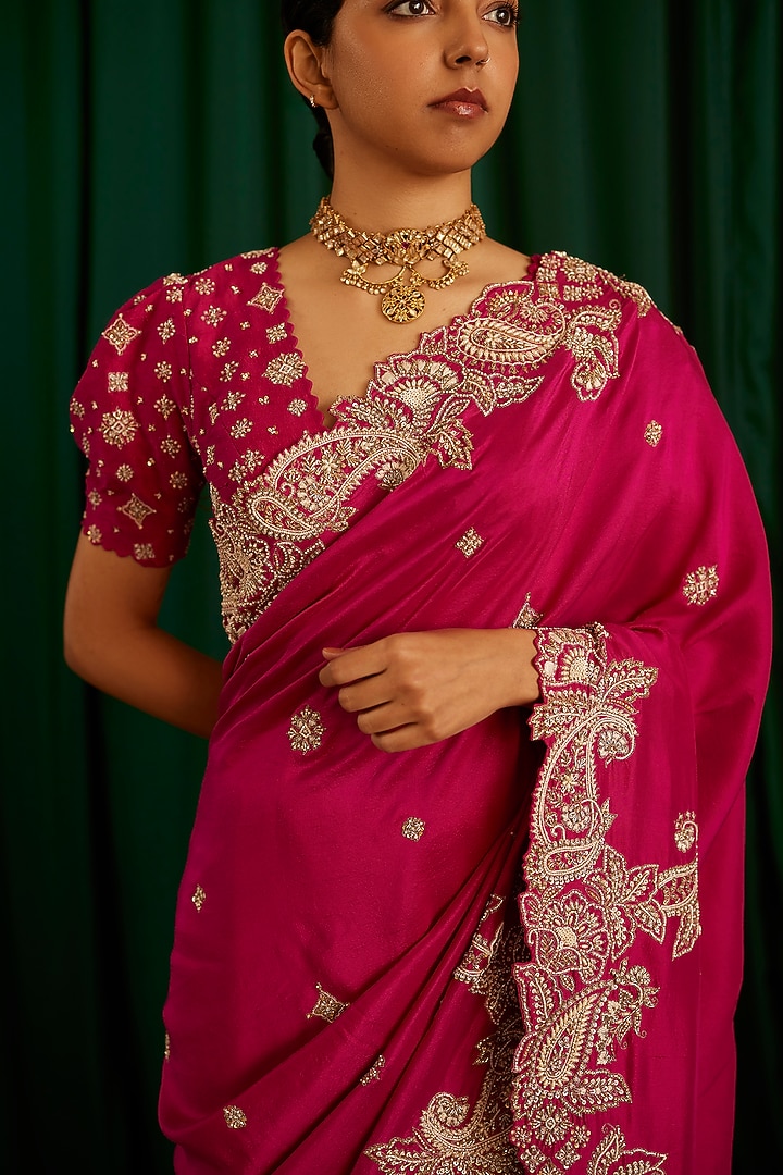 Fuchsia Pink Pure Silk Resham & Zardosi Hand Embroidered Bridal Saree Set by Mrunalini Rao at Pernia's Pop Up Shop