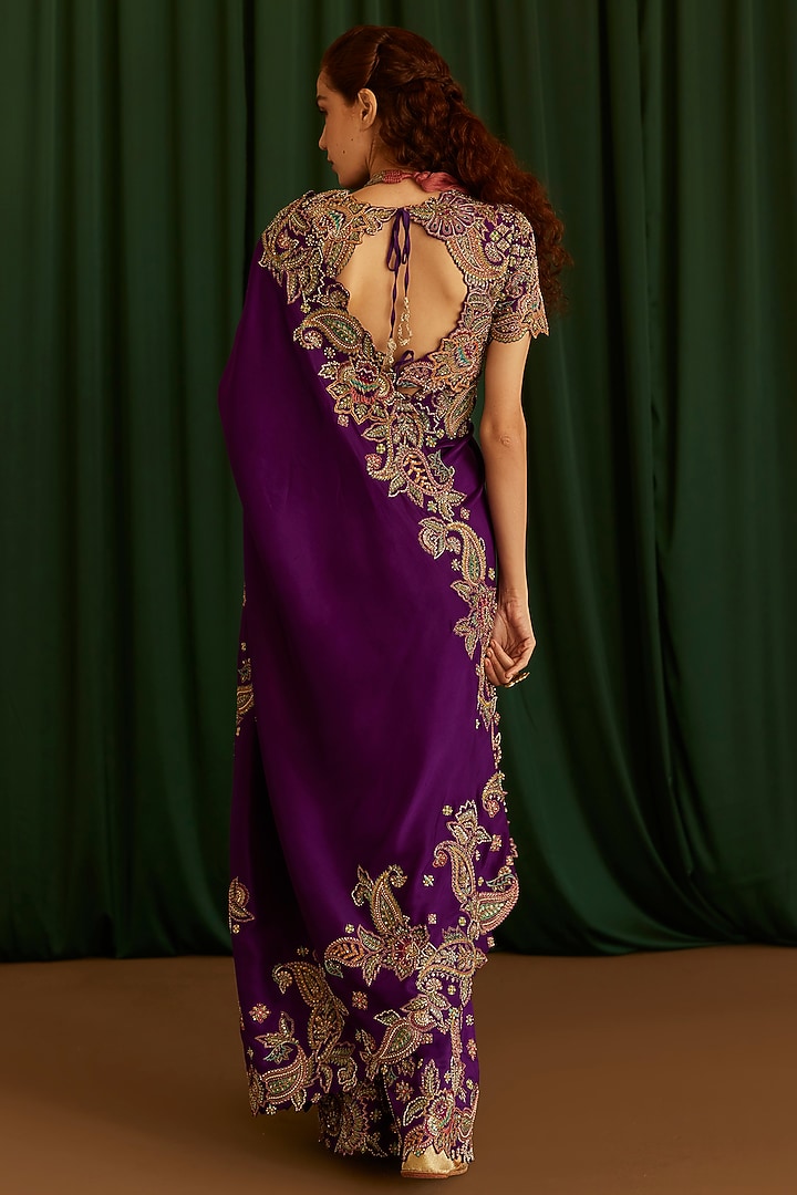 Deep Purple Pure Silk Resham & Zardosi Hand Embroidered Bridal Saree Set by Mrunalini Rao at Pernia's Pop Up Shop