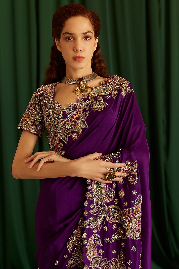 Deep Purple Pure Silk Resham & Zardosi Hand Embroidered Bridal Saree Set by Mrunalini Rao at Pernia's Pop Up Shop