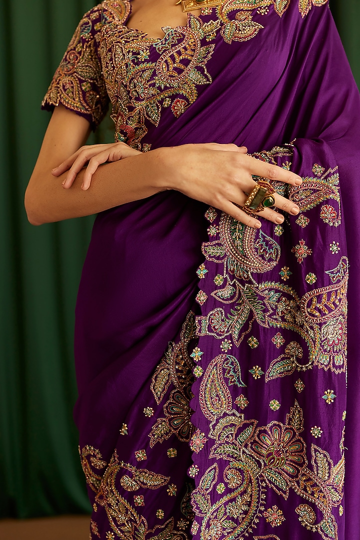 Deep Purple Pure Silk Resham & Zardosi Hand Embroidered Bridal Saree Set by Mrunalini Rao at Pernia's Pop Up Shop