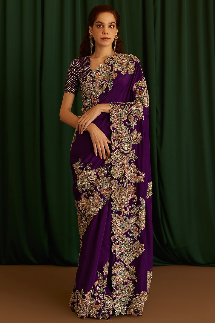 Deep Purple Pure Silk Resham & Zardosi Hand Embroidered Bridal Saree Set by Mrunalini Rao at Pernia's Pop Up Shop
