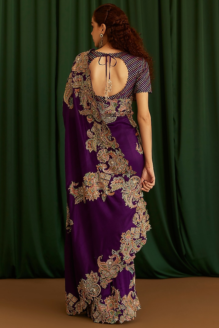 Deep Purple Pure Silk Resham & Zardosi Hand Embroidered Bridal Saree Set by Mrunalini Rao at Pernia's Pop Up Shop