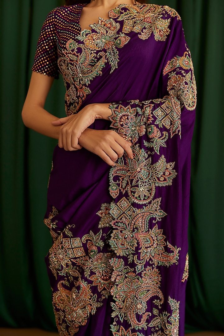 Deep Purple Pure Silk Resham & Zardosi Hand Embroidered Bridal Saree Set by Mrunalini Rao at Pernia's Pop Up Shop