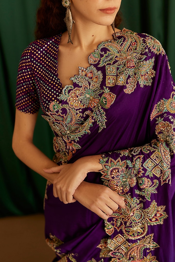 Deep Purple Pure Silk Resham & Zardosi Hand Embroidered Bridal Saree Set by Mrunalini Rao at Pernia's Pop Up Shop