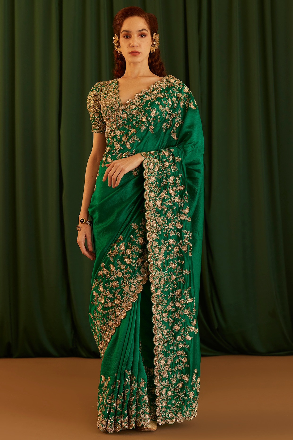 Embroidered Chinon Dark Green Saree