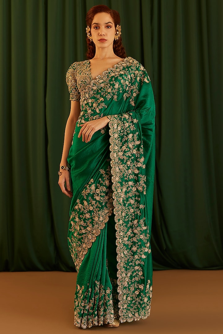 Rama Green Kora Silk Badla & Zardosi Hand Embroidered Saree Set by Mrunalini Rao