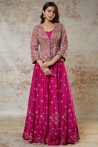 Hot Pink Dupion Silk Resham & Zardosi Embroidered Jacket Lehenga Set by Mrunalini Rao