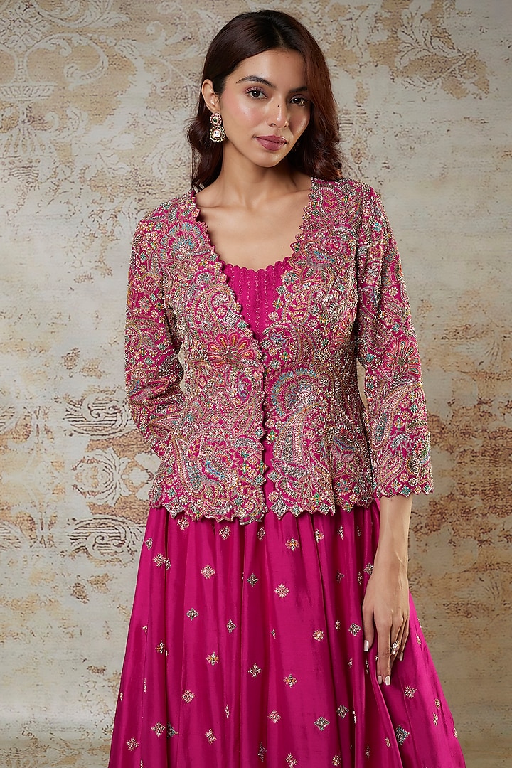 Hot Pink Dupion Silk Resham & Zardosi Embroidered Jacket Bridal Lehenga Set by Mrunalini Rao at Pernia's Pop Up Shop