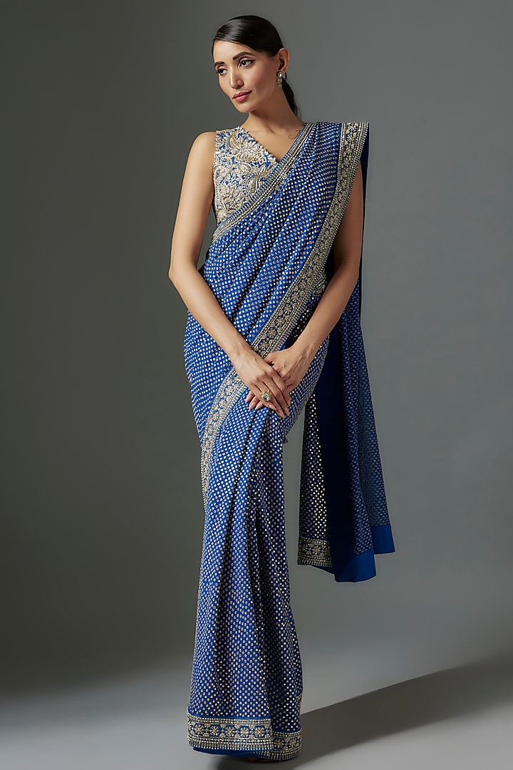 Navy Blue Georgette Zardosi & Pearl Embroidered Saree Set by Mrunalini Rao