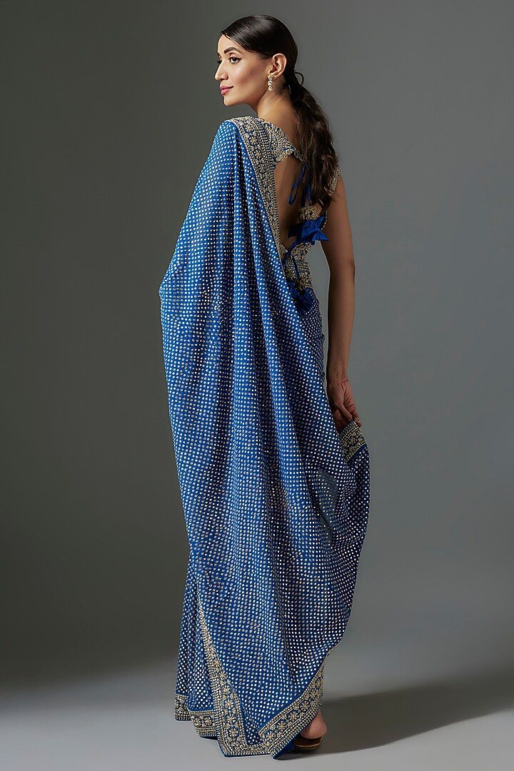 Navy Blue Georgette Zardosi & Pearl Embroidered Bridal Saree Set by Mrunalini Rao at Pernia's Pop Up Shop