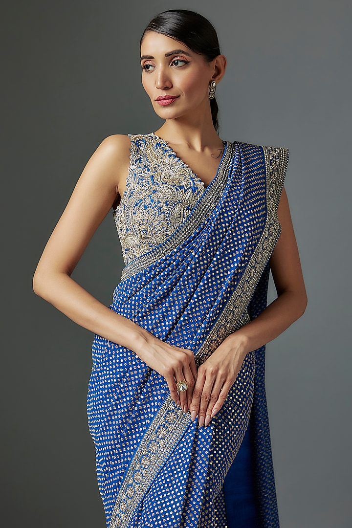 Navy Blue Georgette Zardosi & Pearl Embroidered Bridal Saree Set by Mrunalini Rao at Pernia's Pop Up Shop