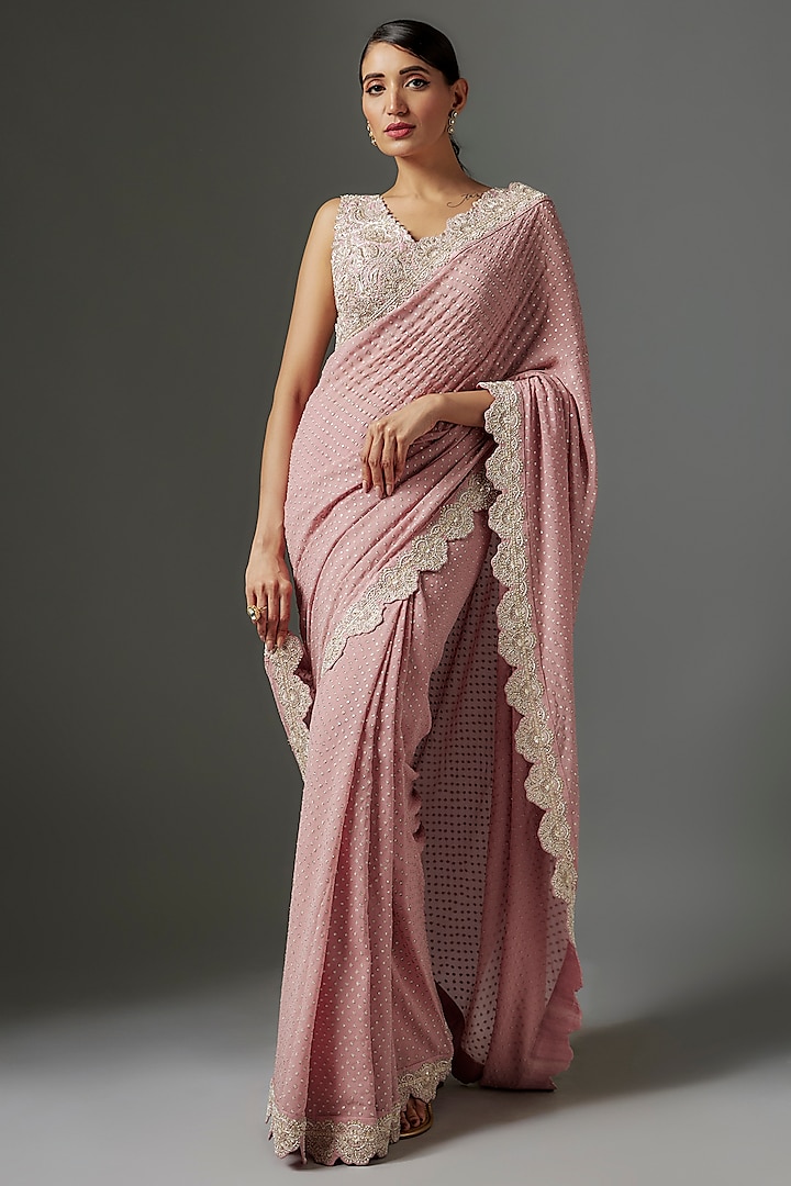 Blush Pink Georgette Hand Embroidered Saree Set by Mrunalini Rao at Pernia's Pop Up Shop