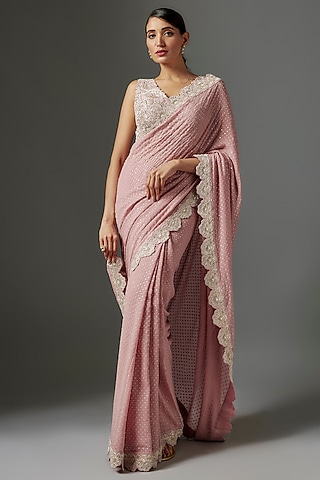 Blush Pink Georgette Hand Embroidered Saree Set by Mrunalini Rao