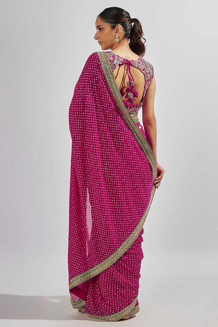 Hot Pink Georgette Zardosi Embroidered Bridal Saree Set by Mrunalini Rao at Pernia's Pop Up Shop