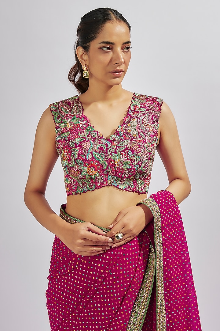 Hot Pink Georgette Zardosi Embroidered Bridal Saree Set by Mrunalini Rao at Pernia's Pop Up Shop