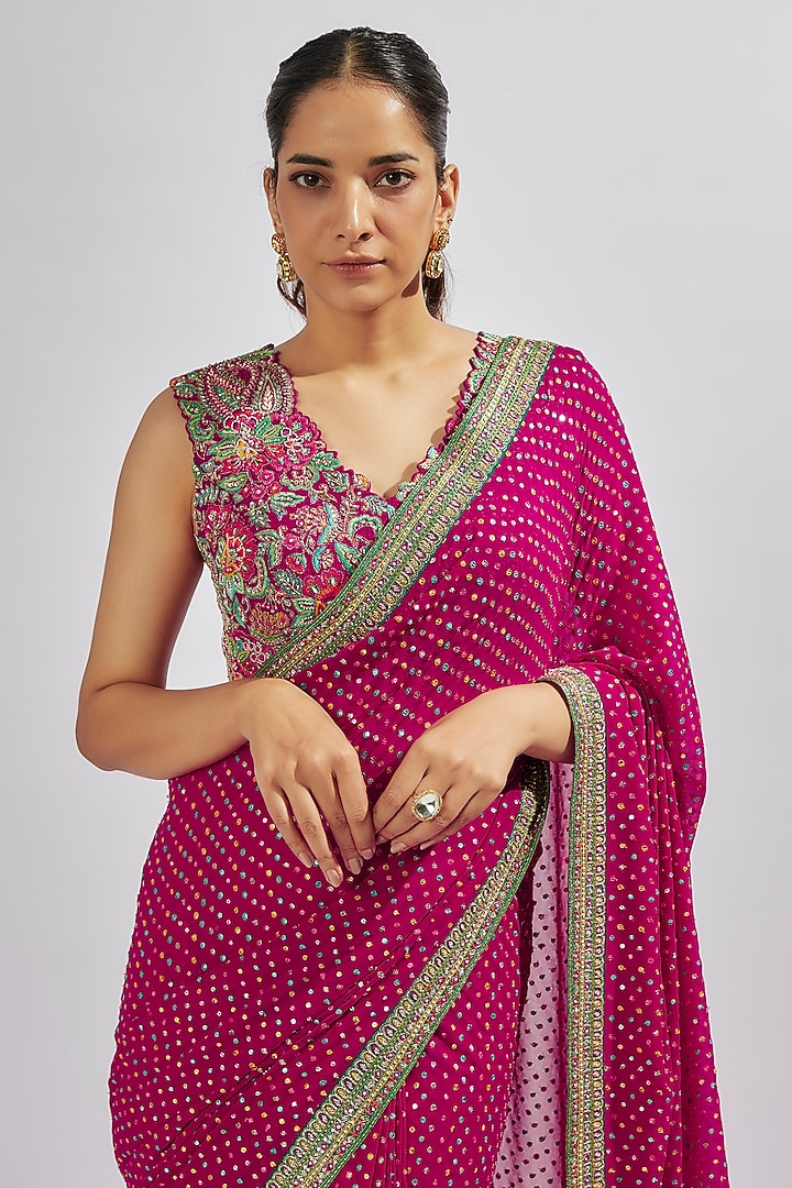 Hot Pink Georgette Zardosi Embroidered Bridal Saree Set by Mrunalini Rao at Pernia's Pop Up Shop