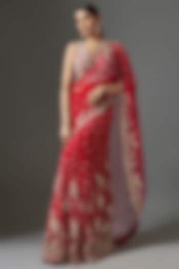 Red Georgette Zardosi & Pearl Embroidered Saree Set by Mrunalini Rao