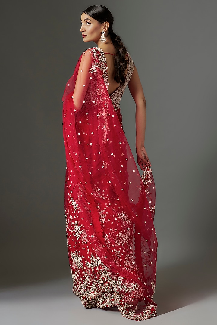Red Georgette Zardosi & Pearl Embroidered Bridal Saree Set by Mrunalini Rao at Pernia's Pop Up Shop