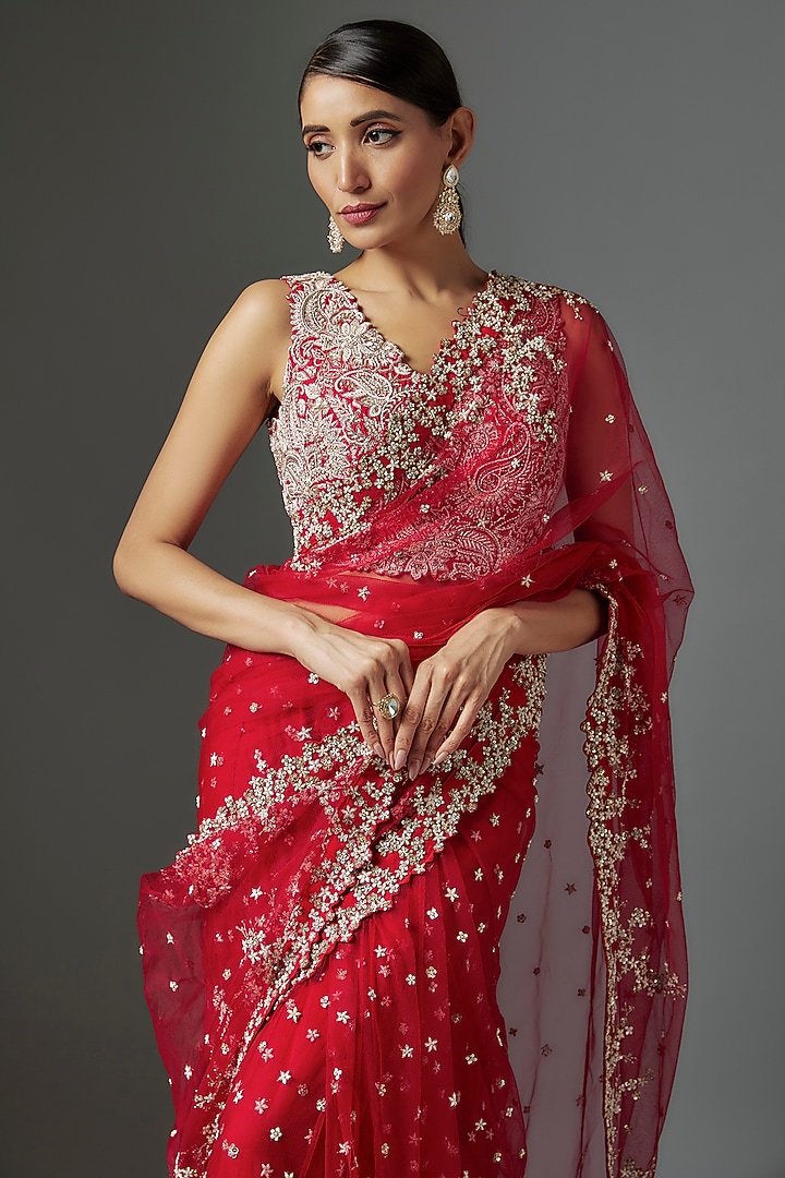 Red Georgette Zardosi & Pearl Embroidered Bridal Saree Set by Mrunalini Rao at Pernia's Pop Up Shop