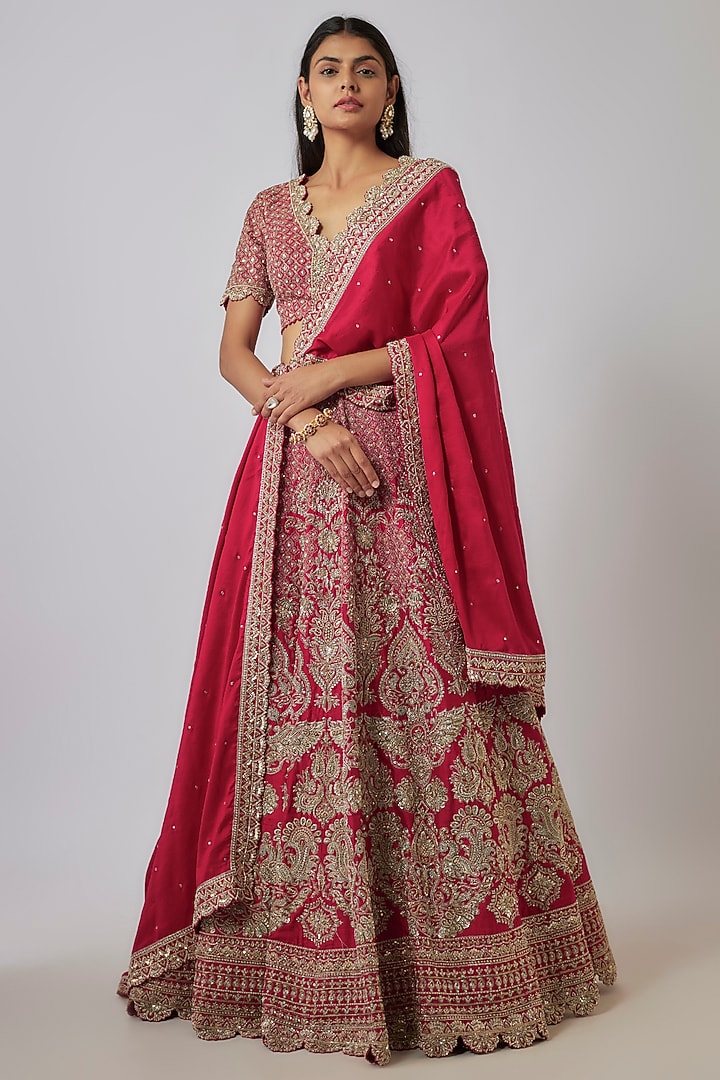 Red Raw Silk Zardosi Embroidered Bridal Lehenga Set by Mrunalini Rao at Pernia's Pop Up Shop