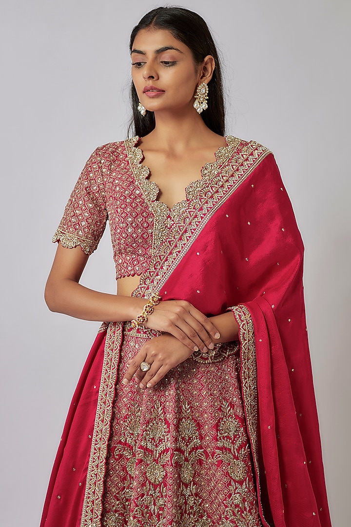 Red Raw Silk Zardosi Embroidered Bridal Lehenga Set by Mrunalini Rao at Pernia's Pop Up Shop